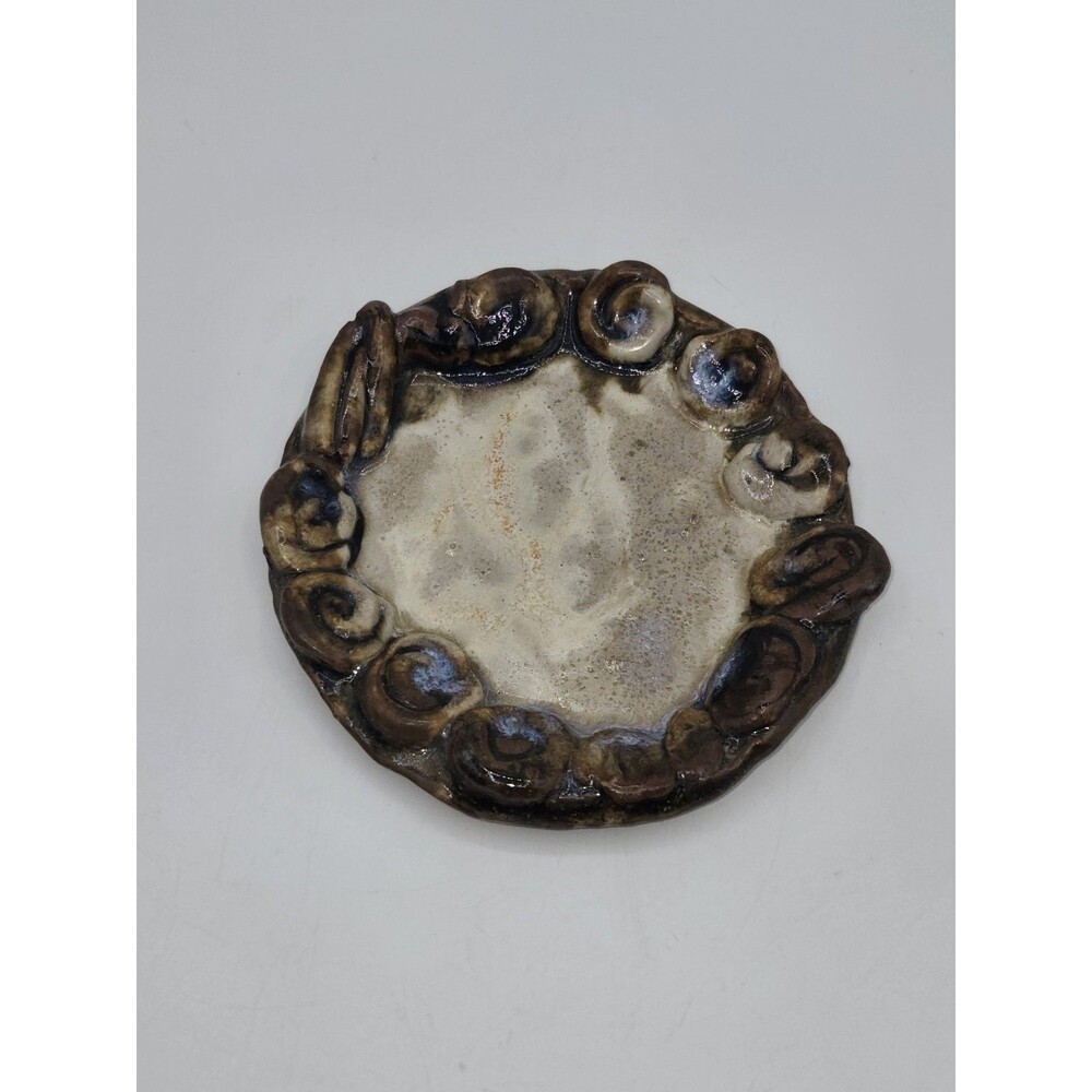 Handmade Studio Pottery Trinket Dish Brown Spiral Scroll Rim Signed 5"